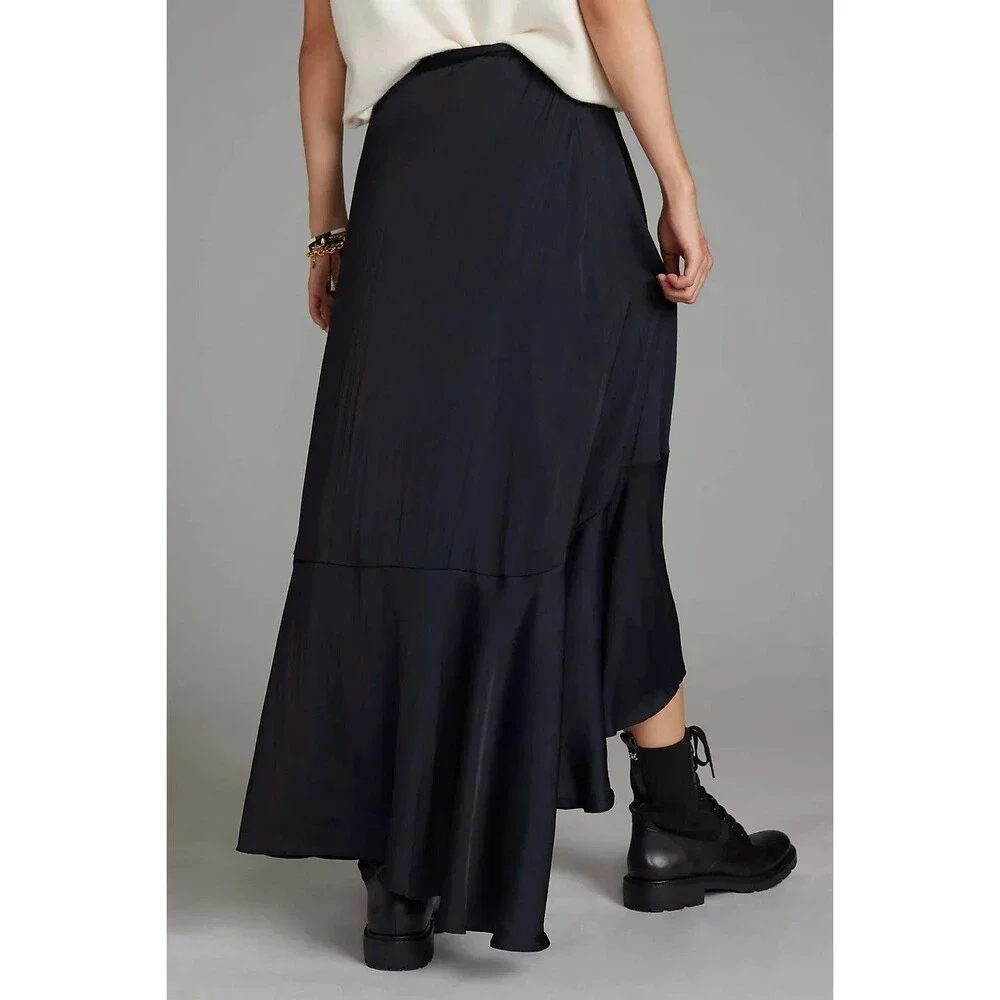 Anthropologie Maeve Ruffled Wrap Maxi Skirt Size XL in Black Blue Side Tie Flowy